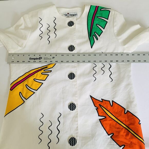 VTG Caron Components Top Women 16 White Retro Tropical Button Front 80s Vacation - Picture 9 of 11